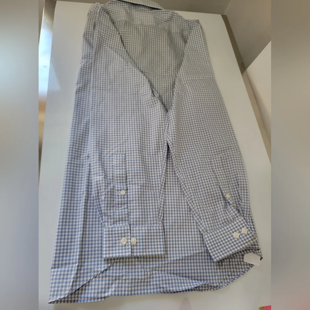 Michael Kors Slim Fit Non Iron Dress Shirt Blue Check XL 17.5 34/35 Stretch